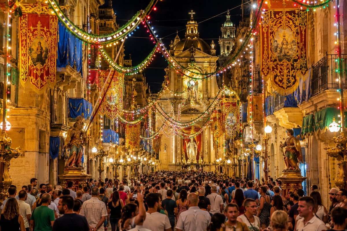 Malta village festa 2026: decorated limestone street with colourful lights and crowds at night