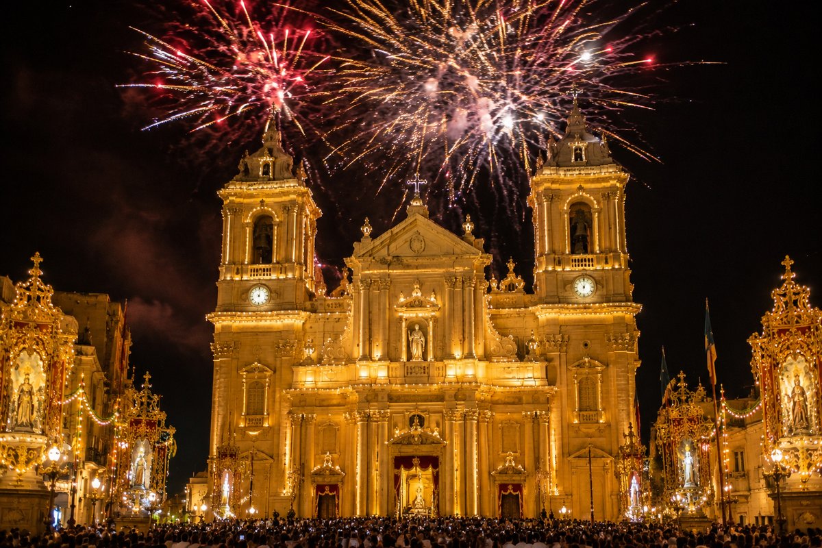 Baroque Maltese parish church illuminated at night with fireworks above during a Malta festa