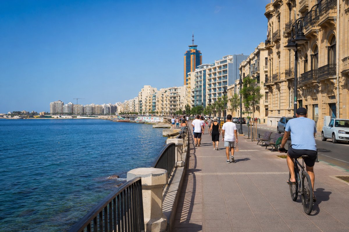 Sliema waterfront promenade on a sunny summer morning, Malta