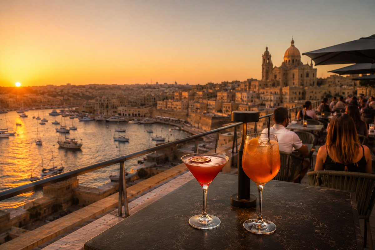 Rooftop terrace with cocktails overlooking Sliema harbour at sunset, Malta