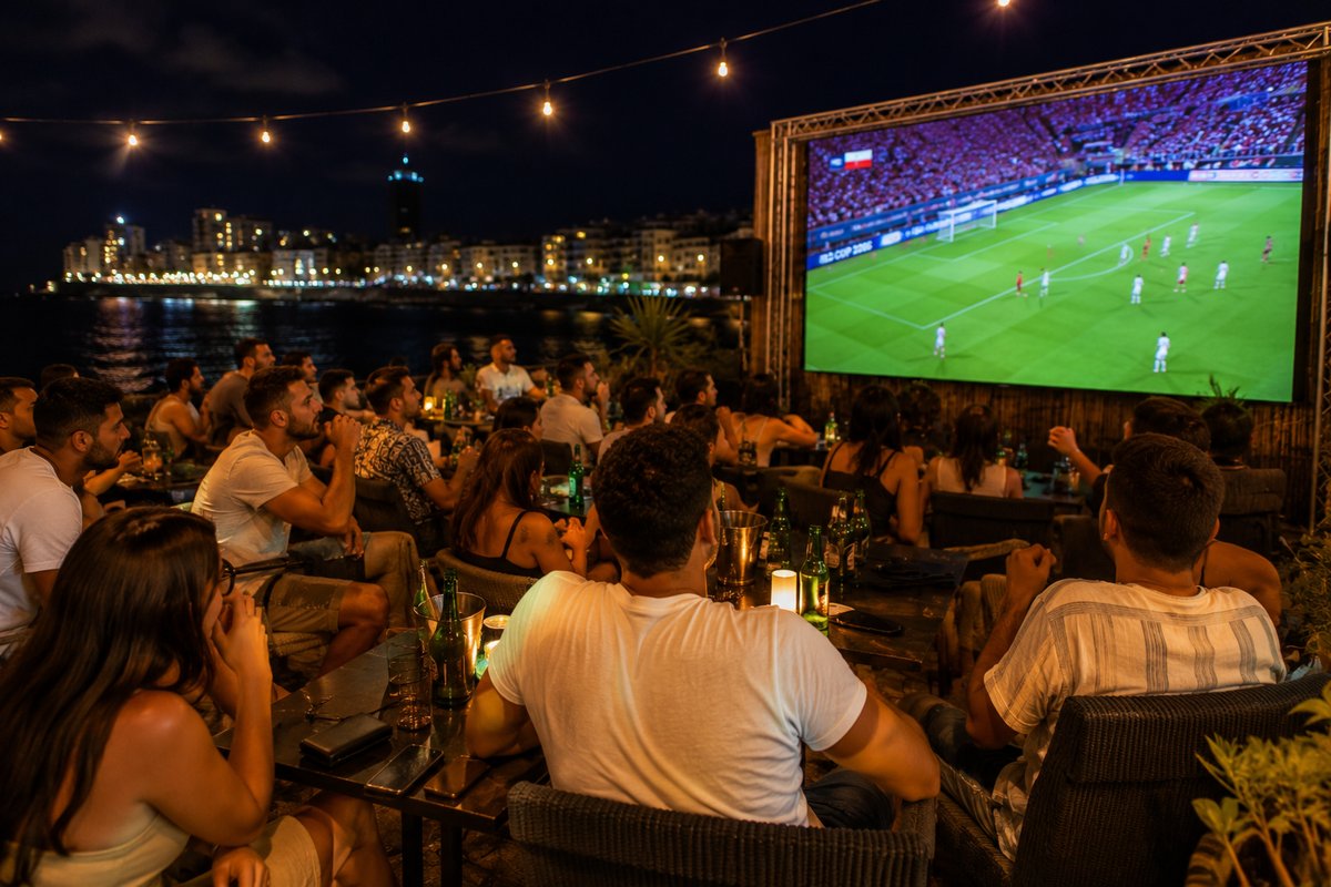 Crowd watching World Cup 2026 on a large outdoor screen by the Malta seafront at night