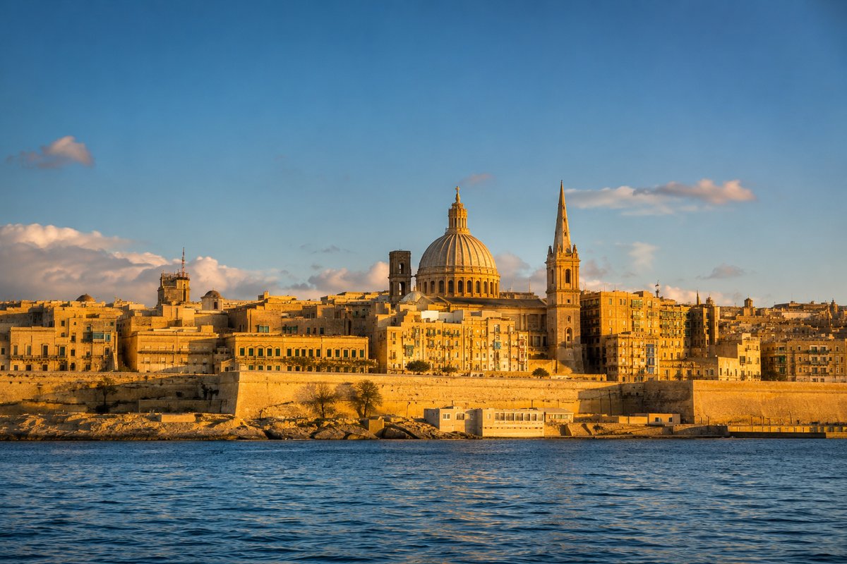 Aerial view of Sliema waterfront and Malta harbour at sunset