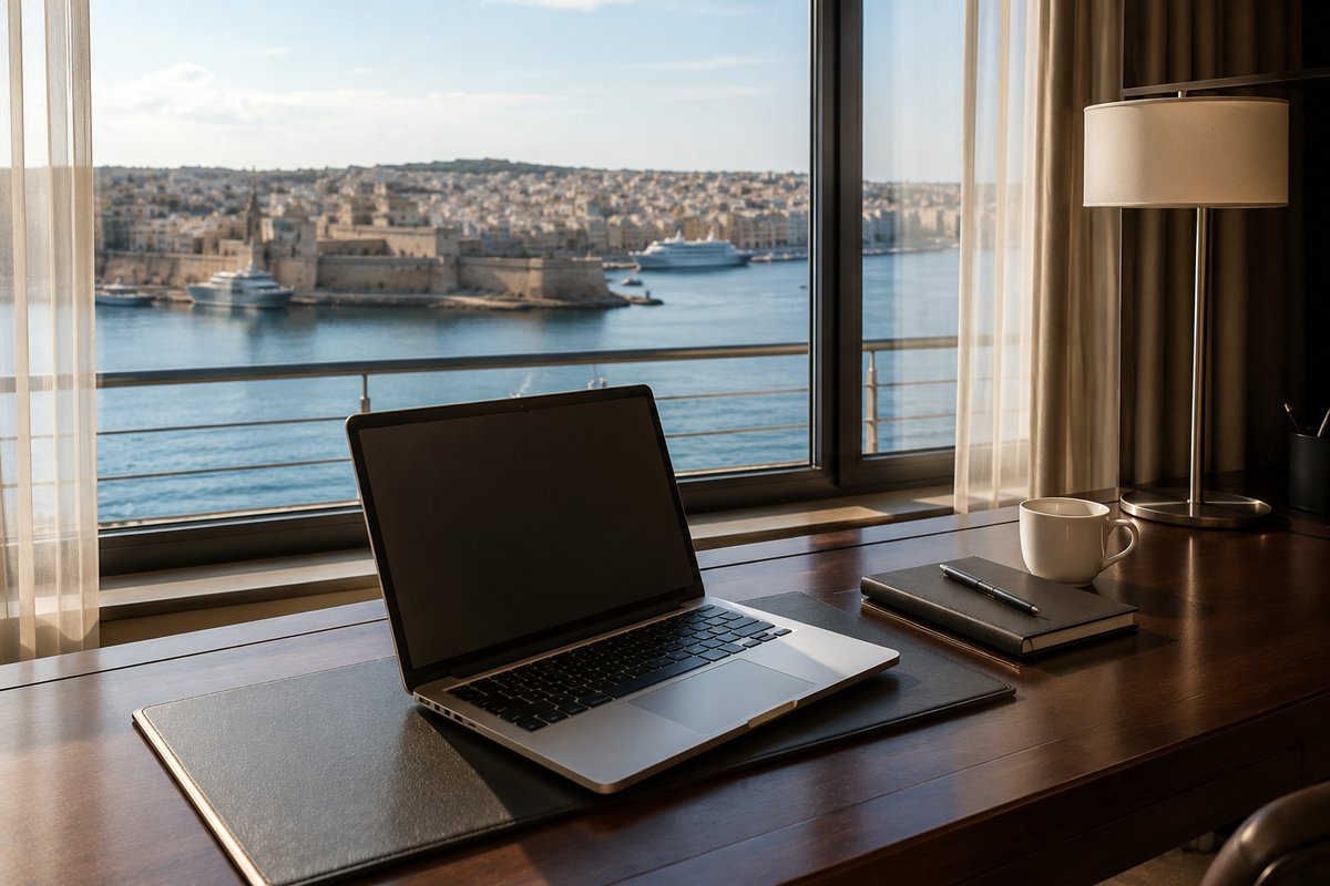 Aerial view of Sliema waterfront and Malta harbour at sunset